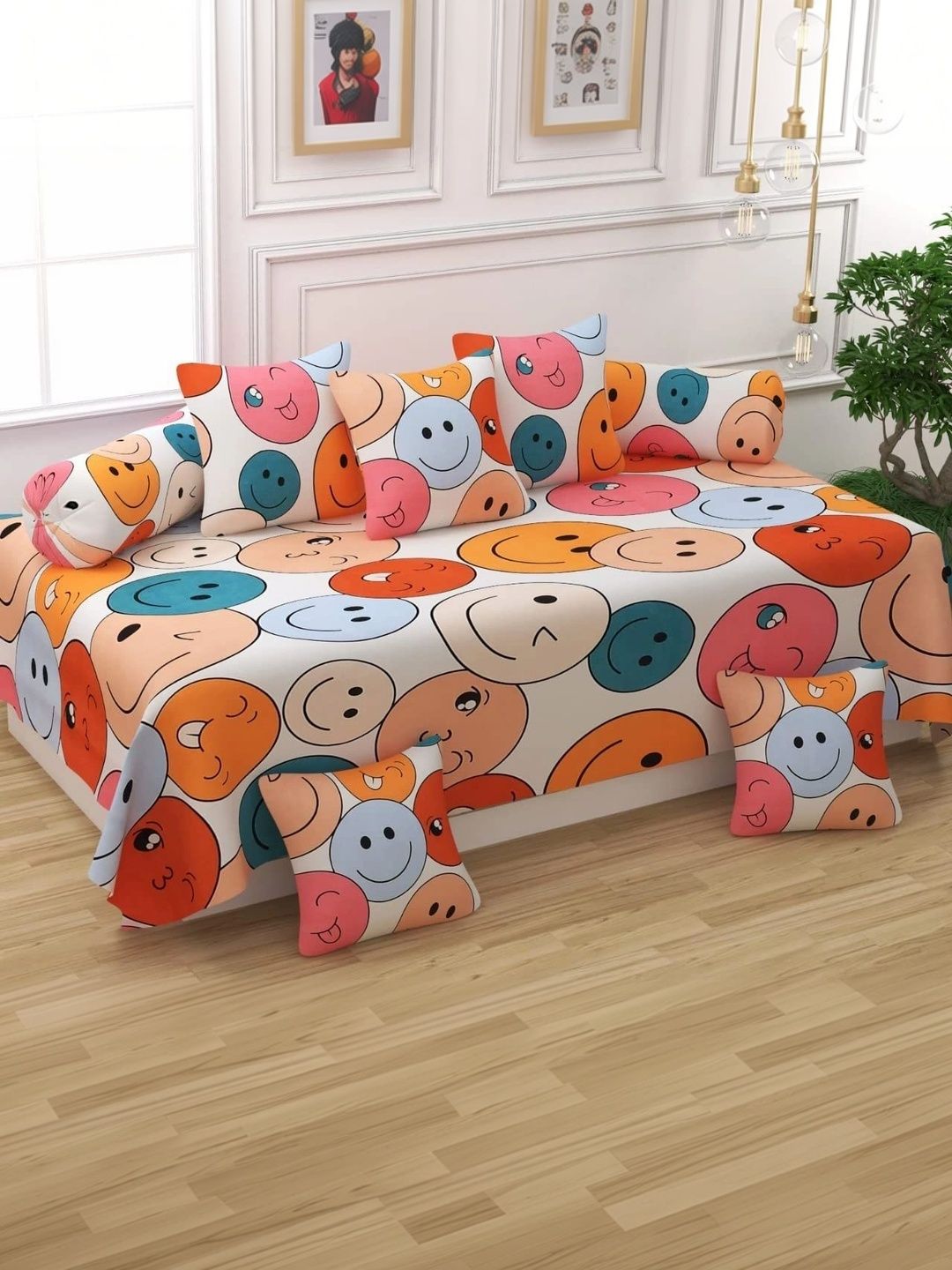 bromwick 8-pcs blue printed bedsheet with bolster & cushion covers