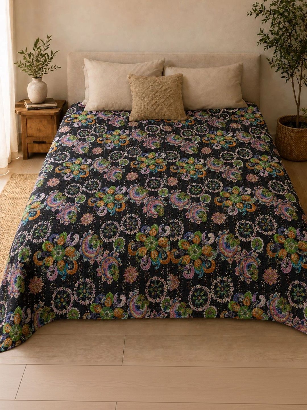 HANDICRAFT PALACE Black Floral Cotton Single Bed Covers-picture-17