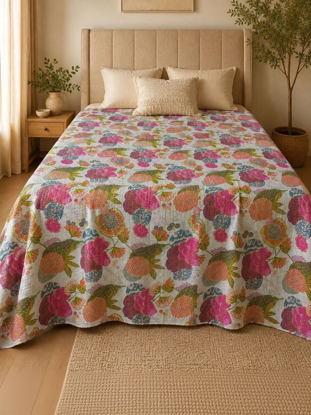 HANDICRAFT PALACE White Floral Cotton Single Bed Covers-picture-14