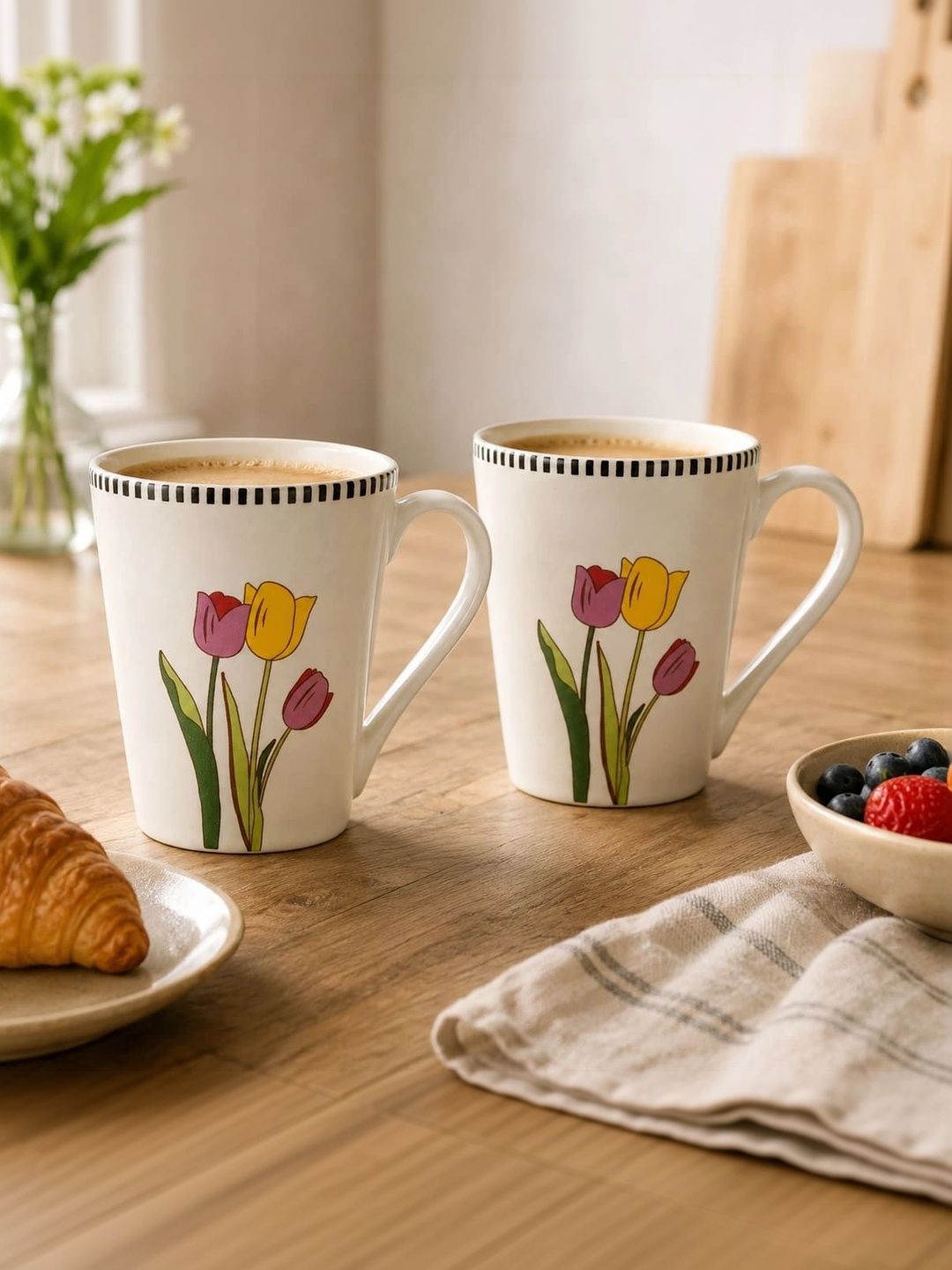 BRINNS White Floral Printed Stoneware Glossy Mugs Set of Cups and Mugs-picture-8