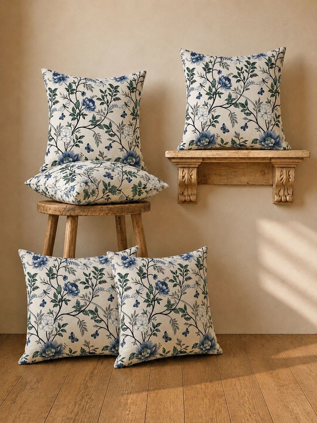 Aura Cream-Coloured & Navy Blue Set of 5 Floral Square Cushion Covers-picture-12