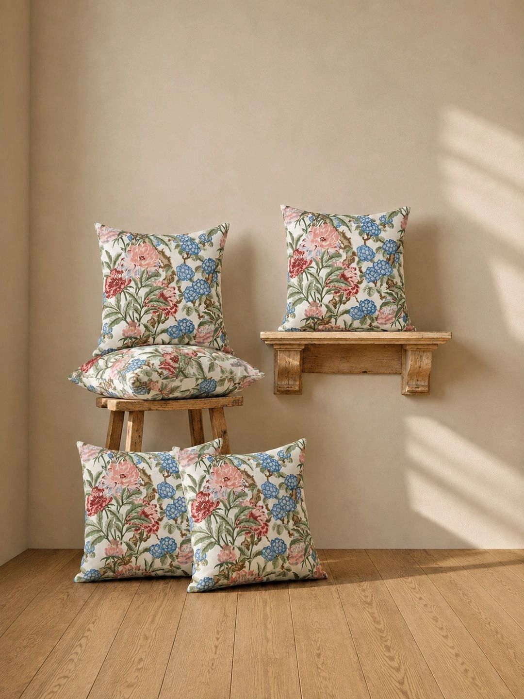 Aura White & Green Set of 5 Floral Square Cushion Covers-picture-14