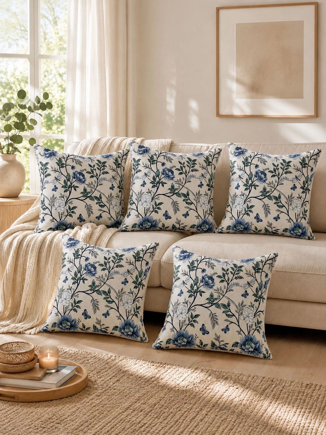 Aura Cream-Coloured & Navy Blue Set of 5 Floral Square Cushion Covers-picture-13