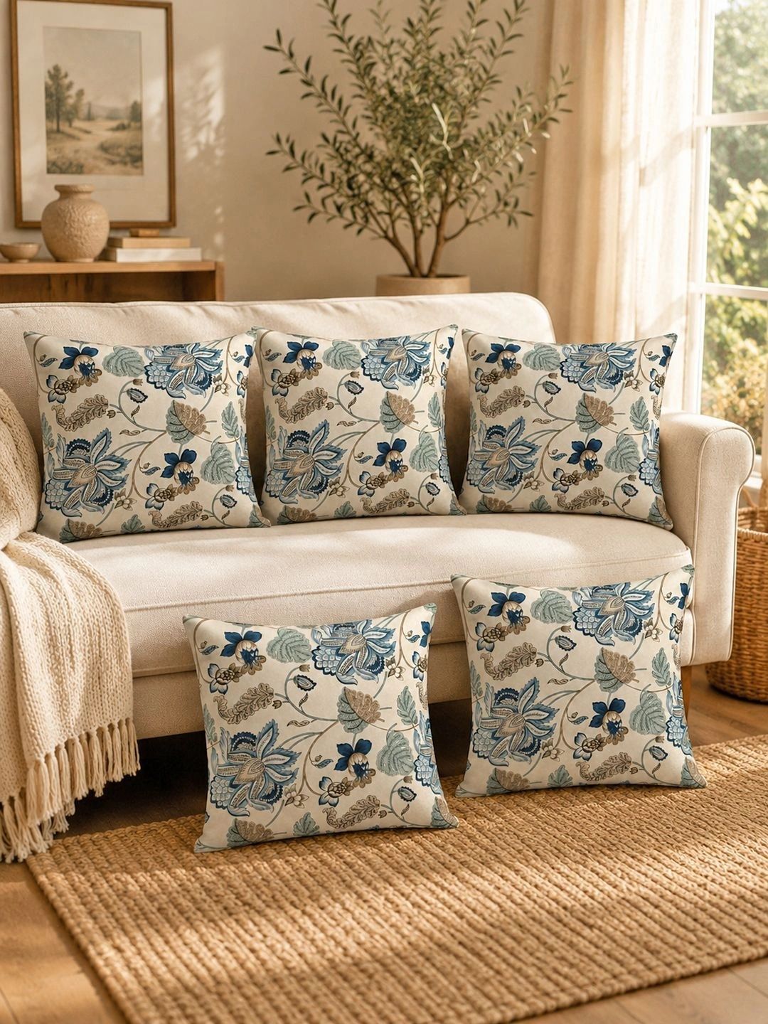 Aura Cream-Coloured & Blue Set of 5 Floral Square Cushion Covers-picture-18