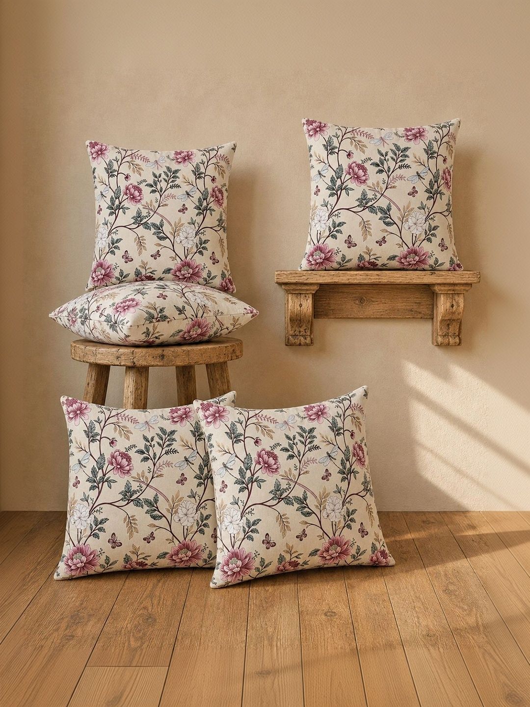 Aura Mauve & Pink Set of 5 Floral Square Cushion Covers-picture-16