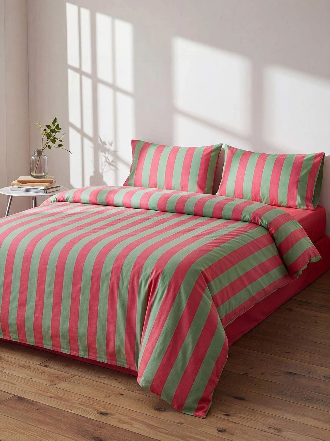 Trendyol Pink & Green Striped Duvet Cover With 2 Pillow Covers-picture-35