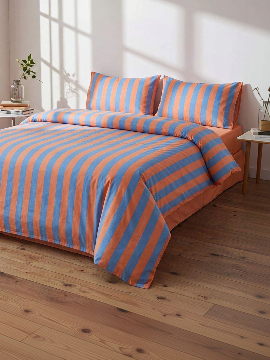 Trendyol Orange & Blue Striped Duvet Cover With 2 Pillow Covers-picture-43