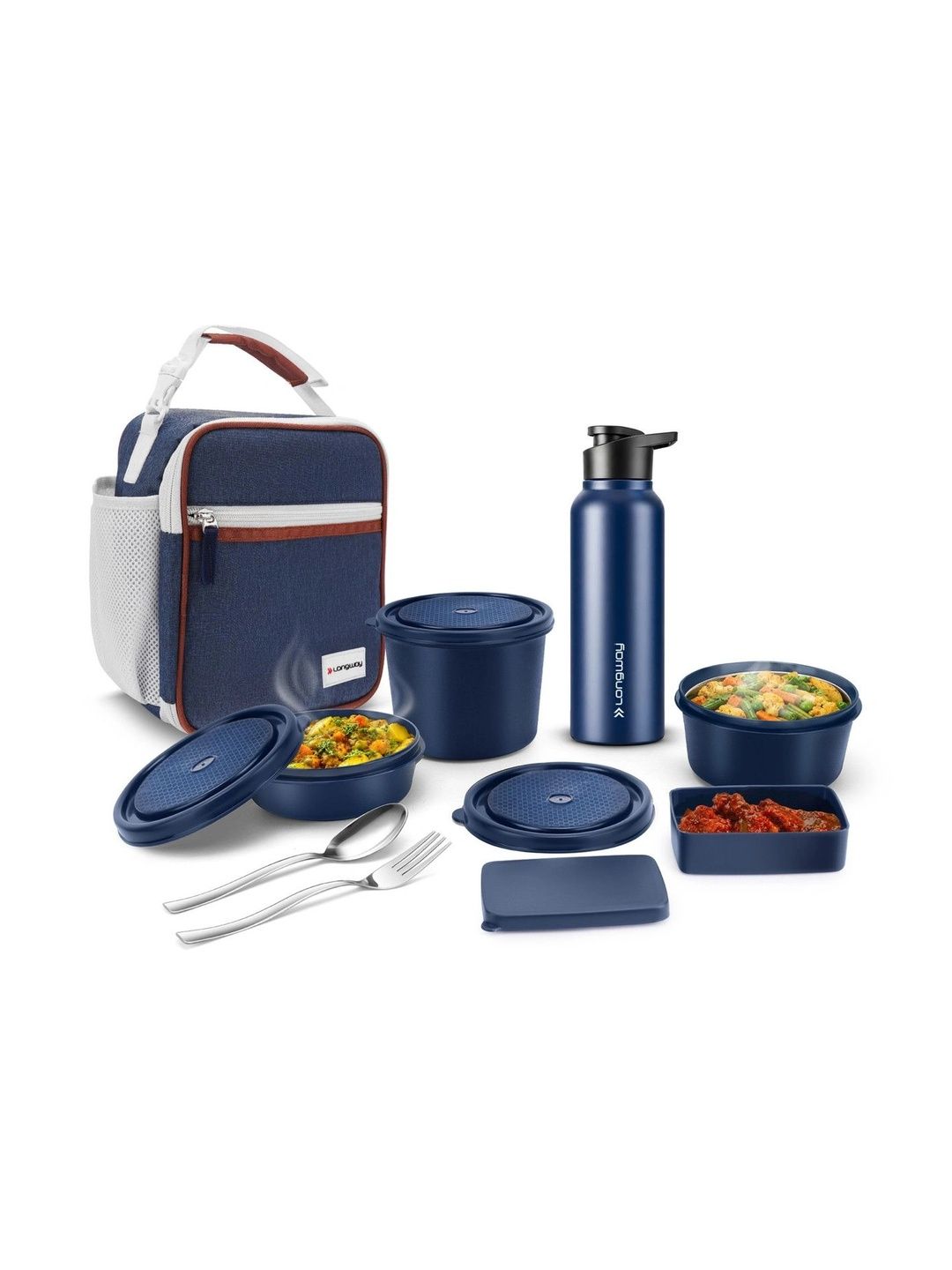 Longway Kivo Lunch Box Set with 3 Containers, 750ml Bottle, Cutlery &
