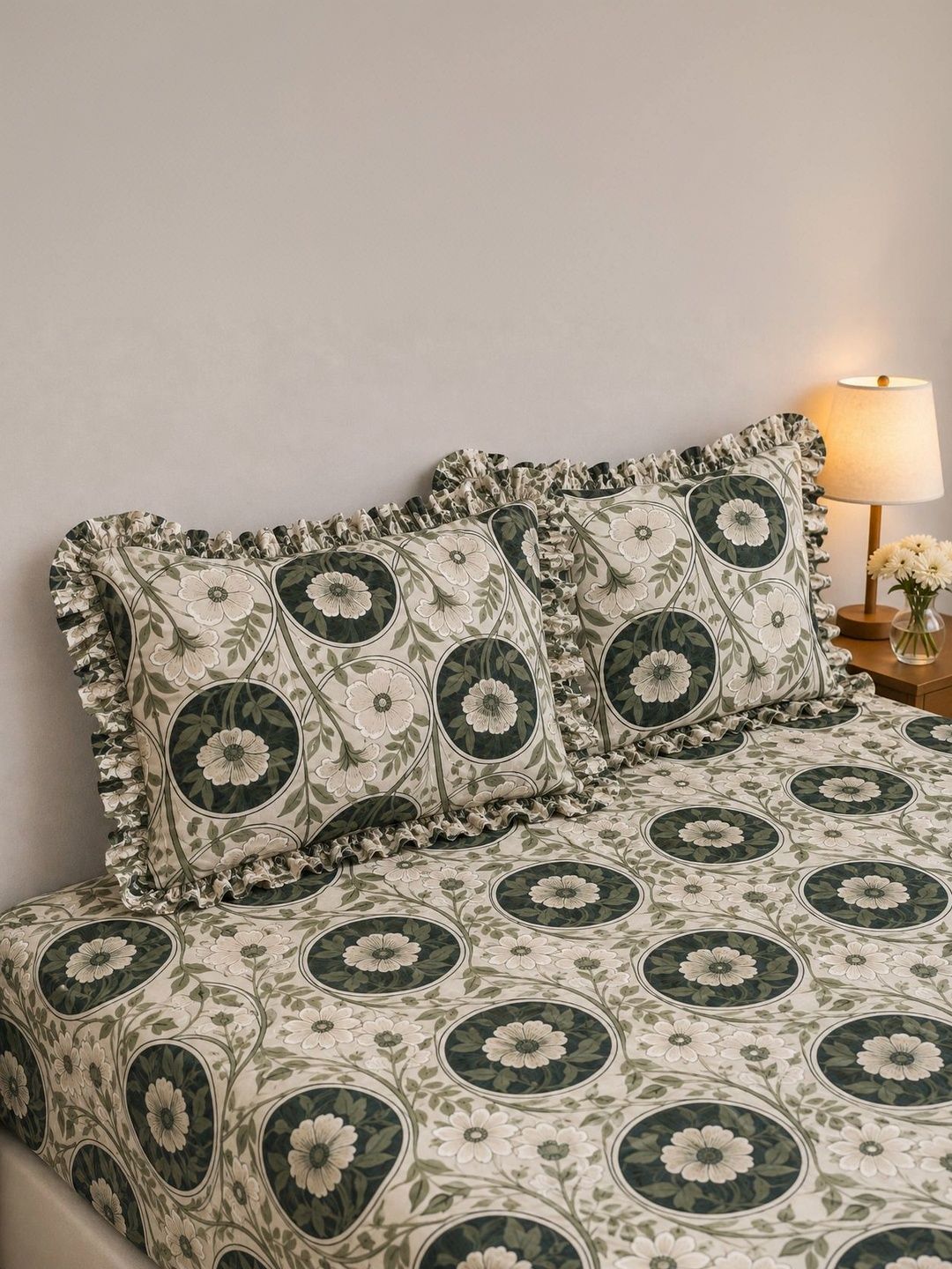 Aura Green & Green Floral 300 TC King Bedsheet with 2 Pillow Covers-picture-5