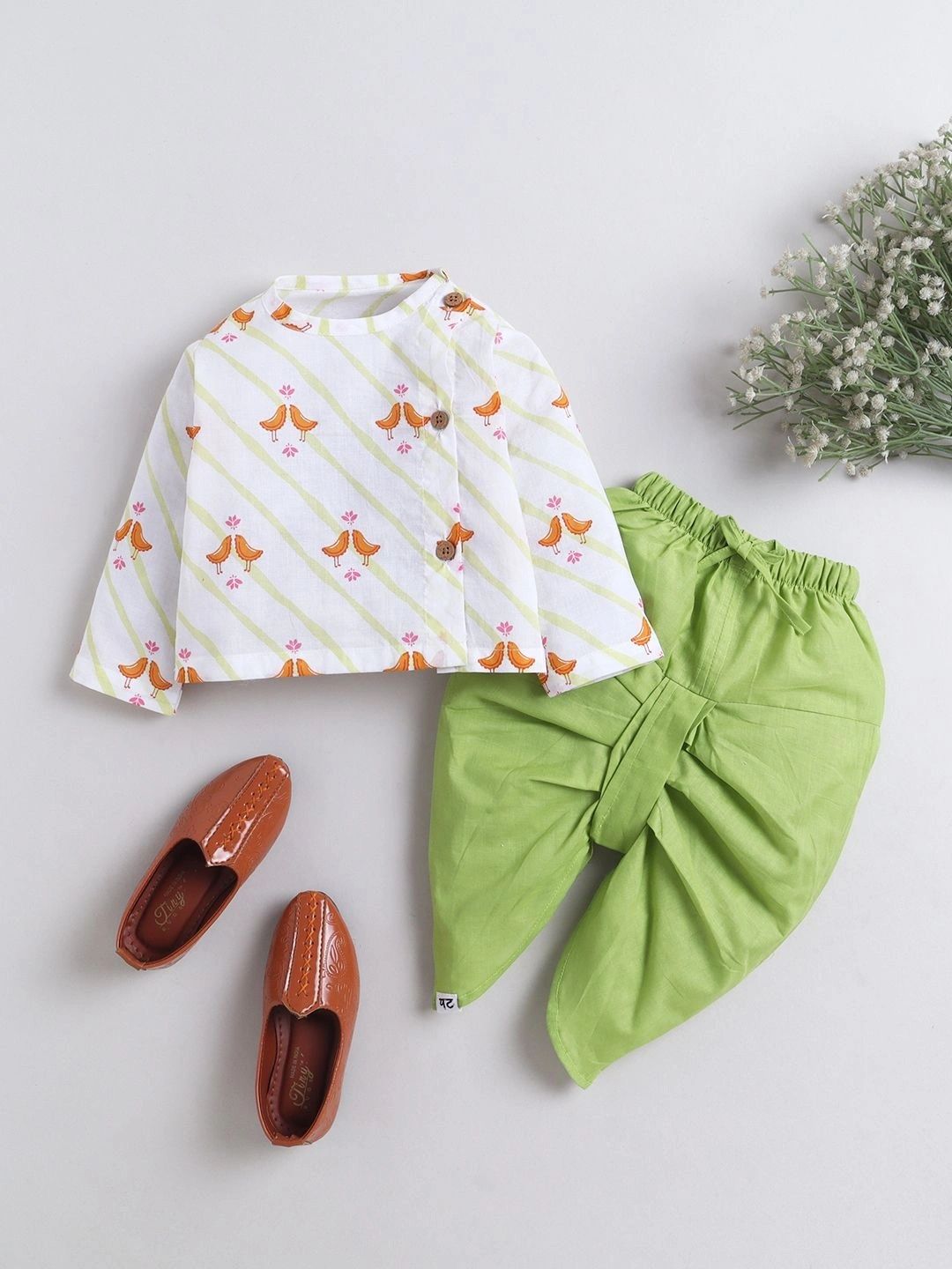Polka Tots Boys Ethnic Motifs Printed Angrakha Pure Cotton Kurta with Dhoti Pants-picture-8