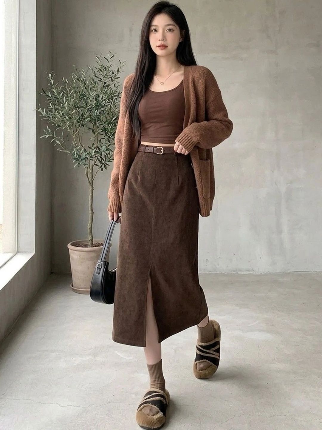 Suo Women Front Slit Midi A-Line Skirt-picture-40