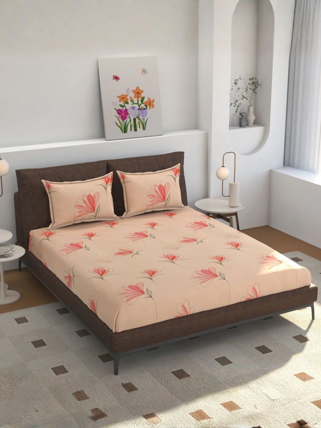 Florida Peach-Coloured & Red Floral Polycotton 4 Piece Double King Superfine Bedding Set-picture-12