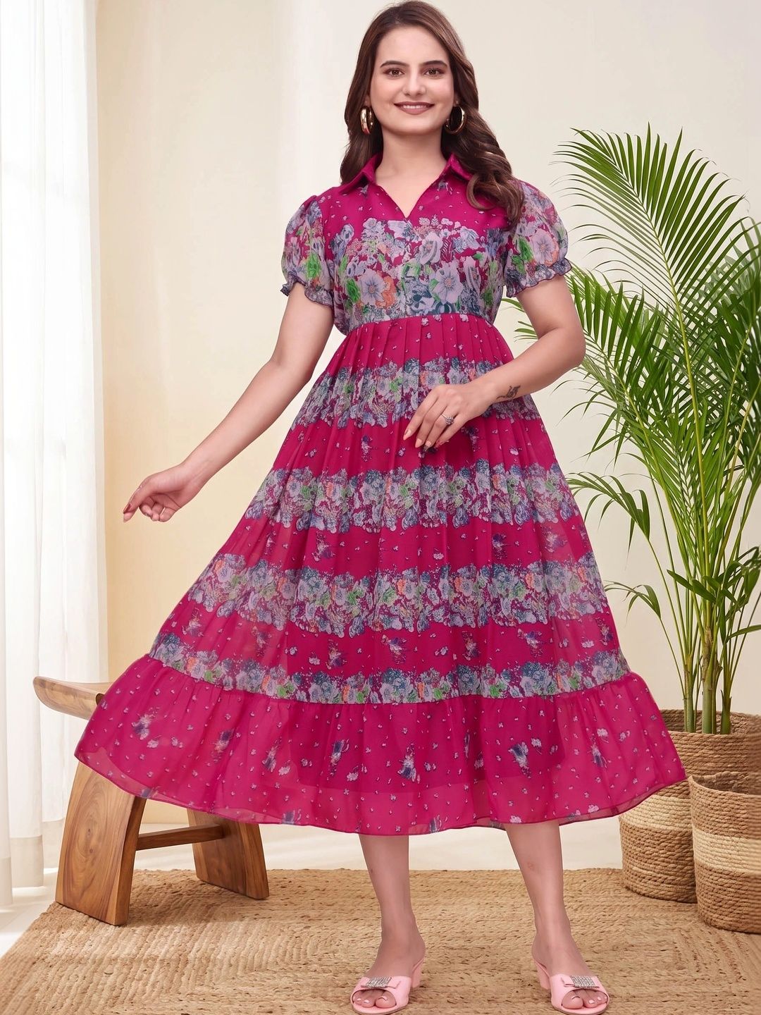 QENA Floral Print Puff Sleeve Georgette A-Line Midi Dress-picture-12