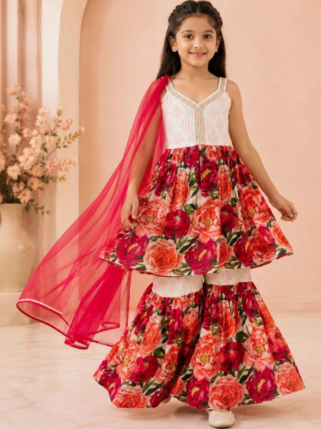 Bitiya by Bhama Girls Floral Printed Regular Pure Cotton Kurta with Sharara & With Dupatta-picture-47