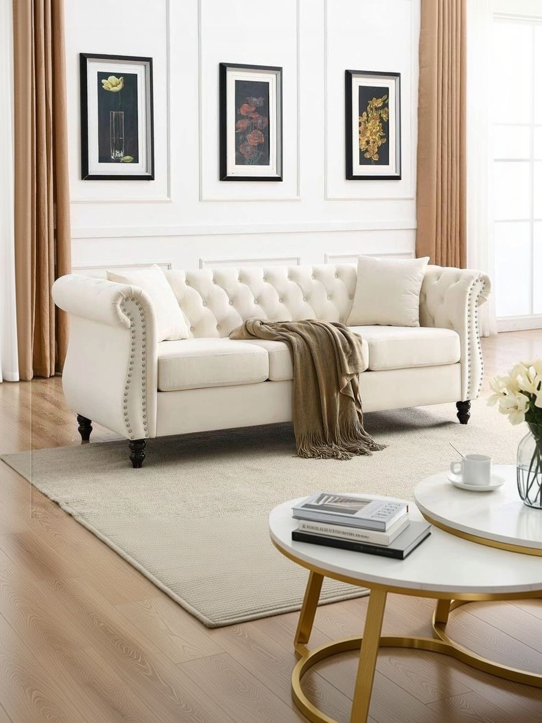 Soul craft White Wooden Tufted Velvet Sofa With 2 Pillows-image-36
