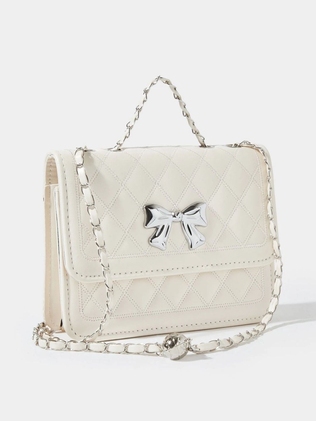 Styli Women White Quilted Sling Bag Bow Detail Chain Strap Handbag-image-31