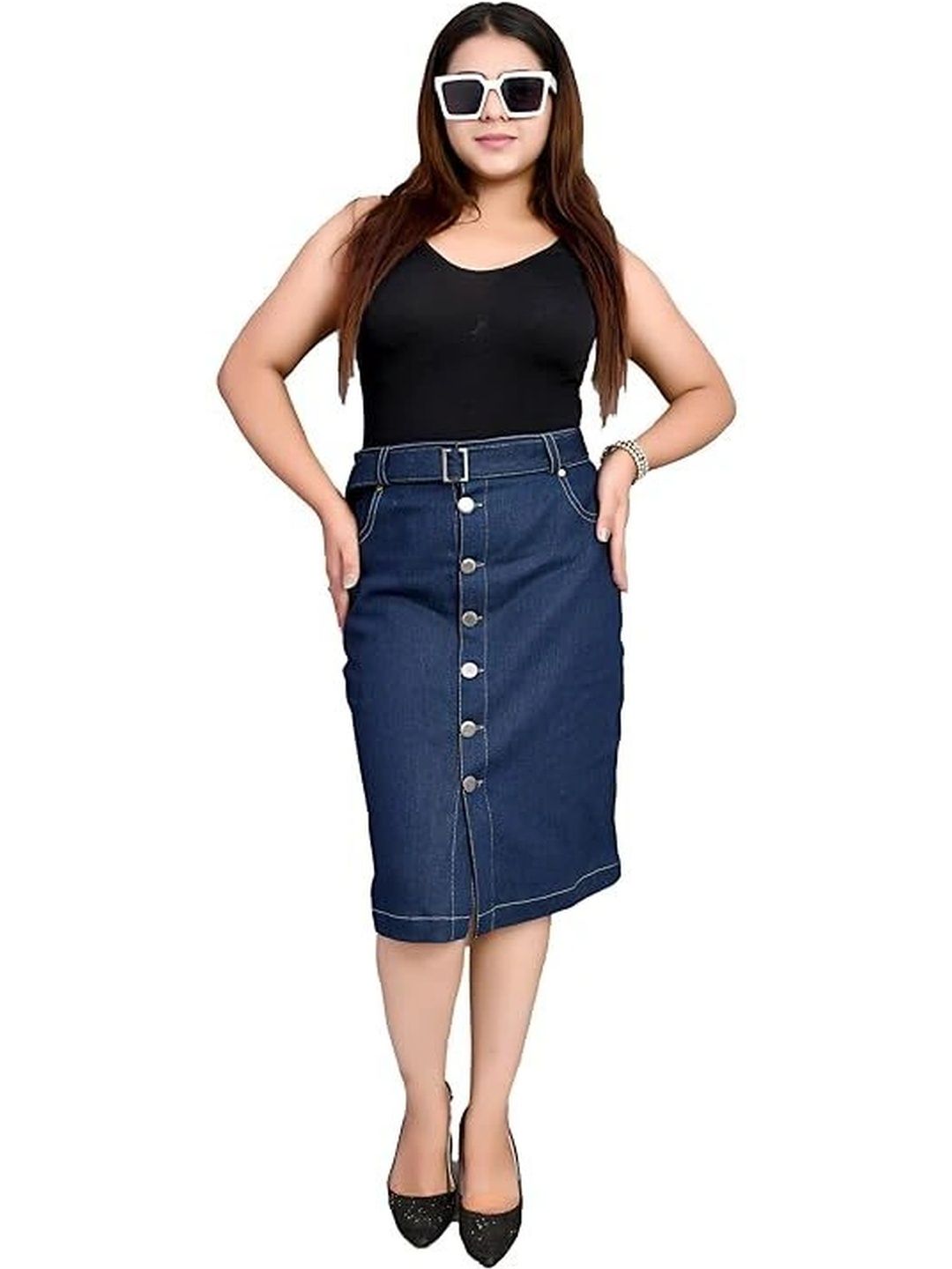 Pink Clap Fashion Women Denim Washed Knee Length Straight Skirt-picture-11