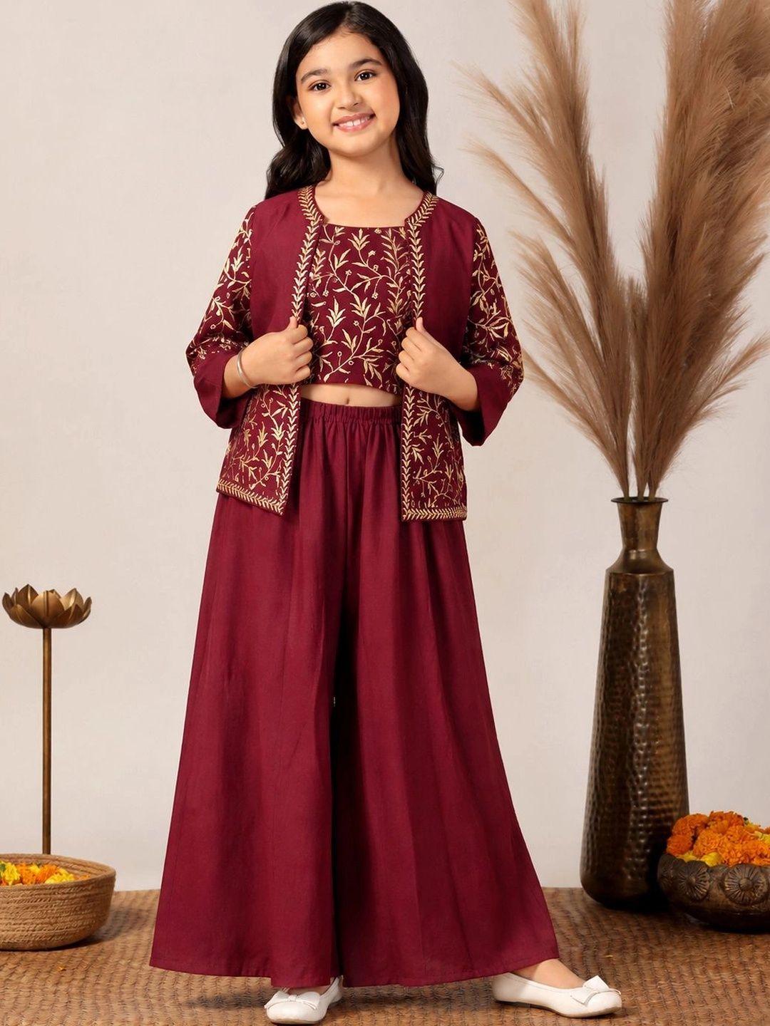 FASHION DREAM Girls Ethnic Motifs Embroidered Regular Thread Work Top with Palazzos-picture-58