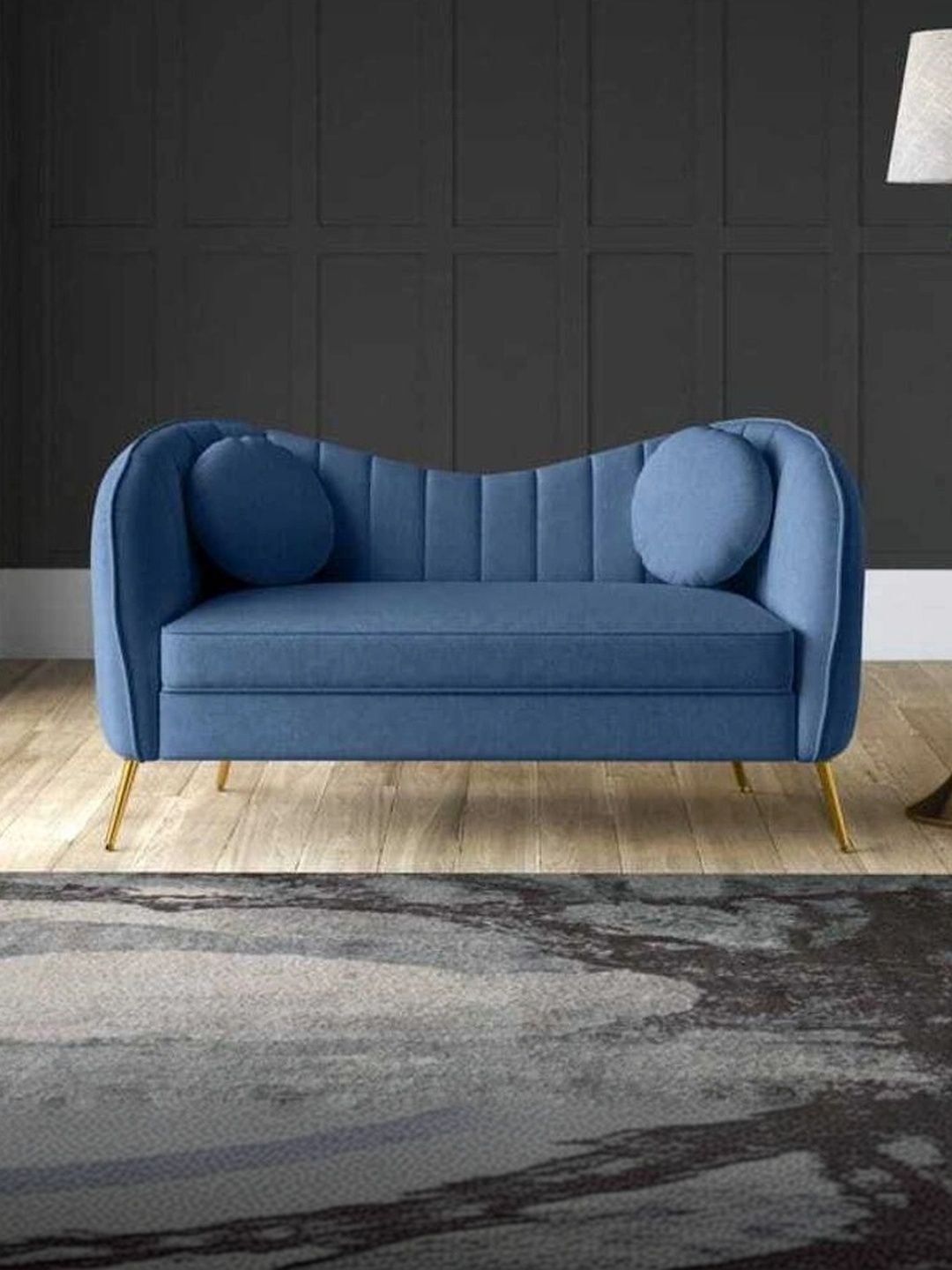 INDIAWOODMART Blue Fabric & Wooden 2-Seater Sofa With Cushions-picture-36