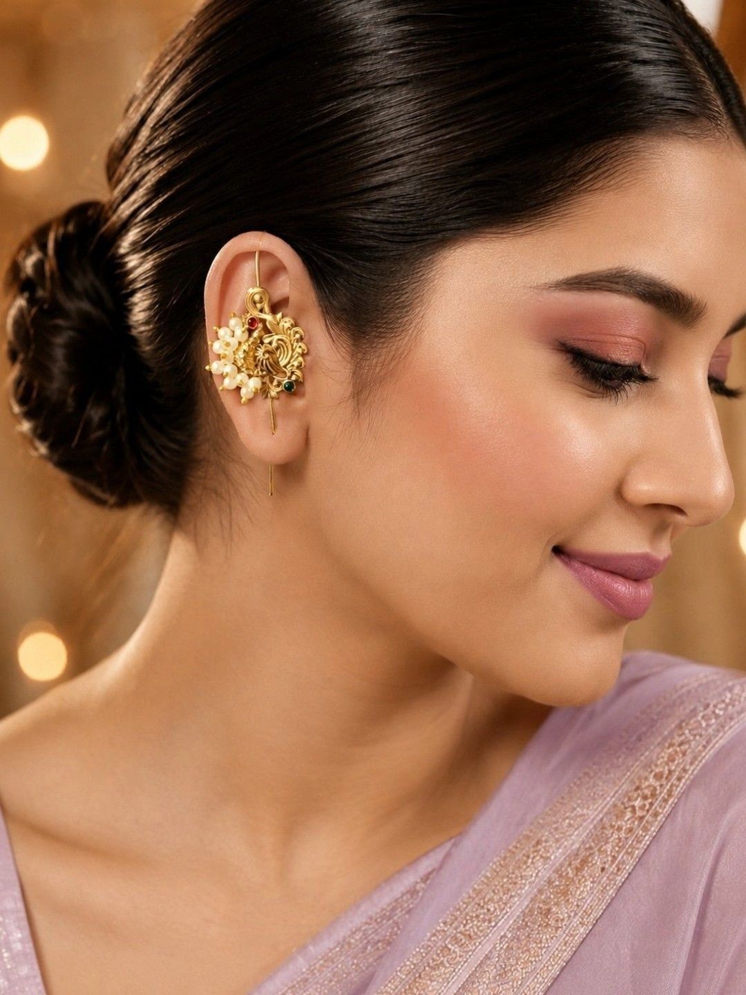 OOMPH Gold Tone Ethnic Peacock Design with Kemp Stone Beads Ear Cuff Earrings-image-20