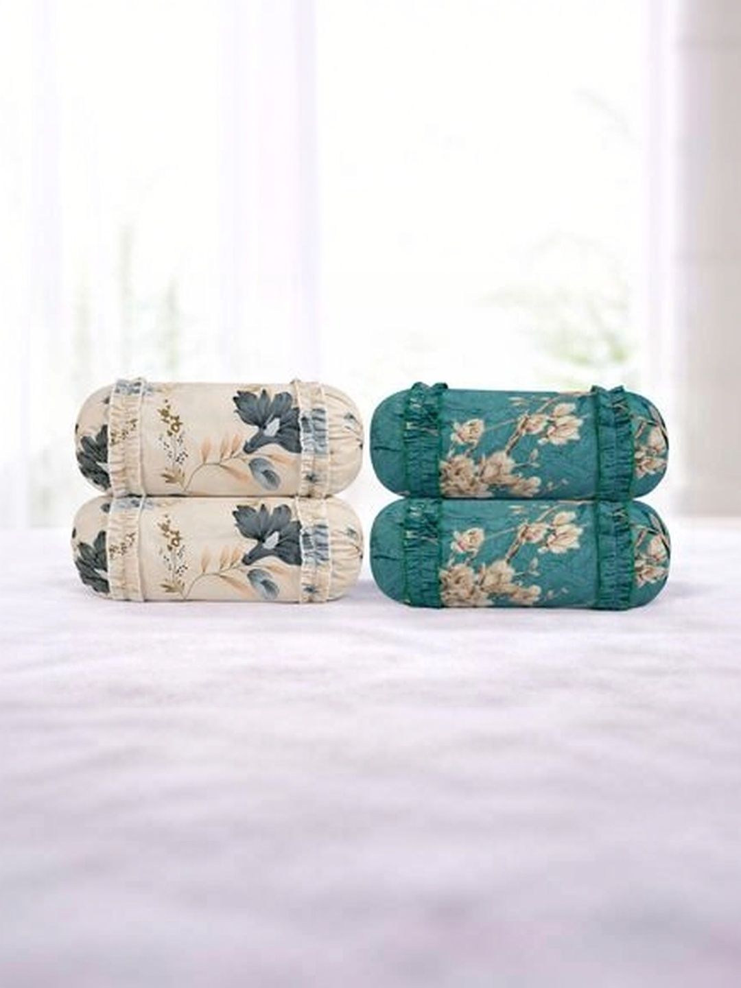 Luxmi Cotton Fabrics 4-Pcs Green & Cream Printed Cotton Bolster Covers-image-20