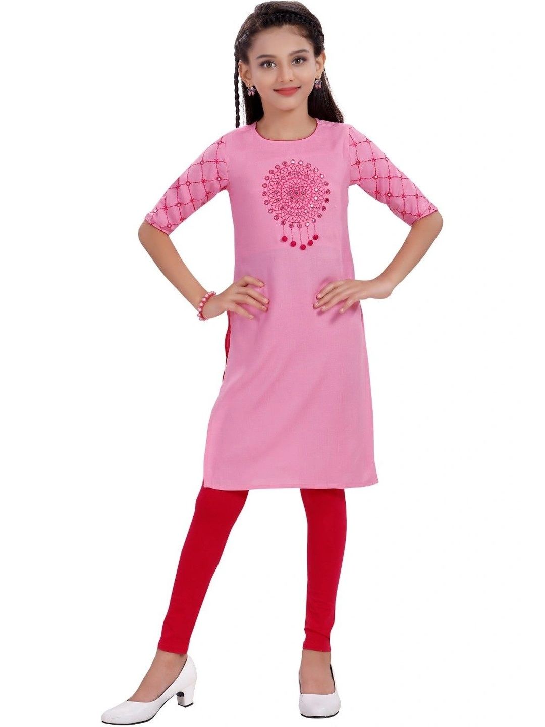 MASTARANG Girls Ethnic Motifs Embroidered Regular Mirror Work Kurti-image-33
