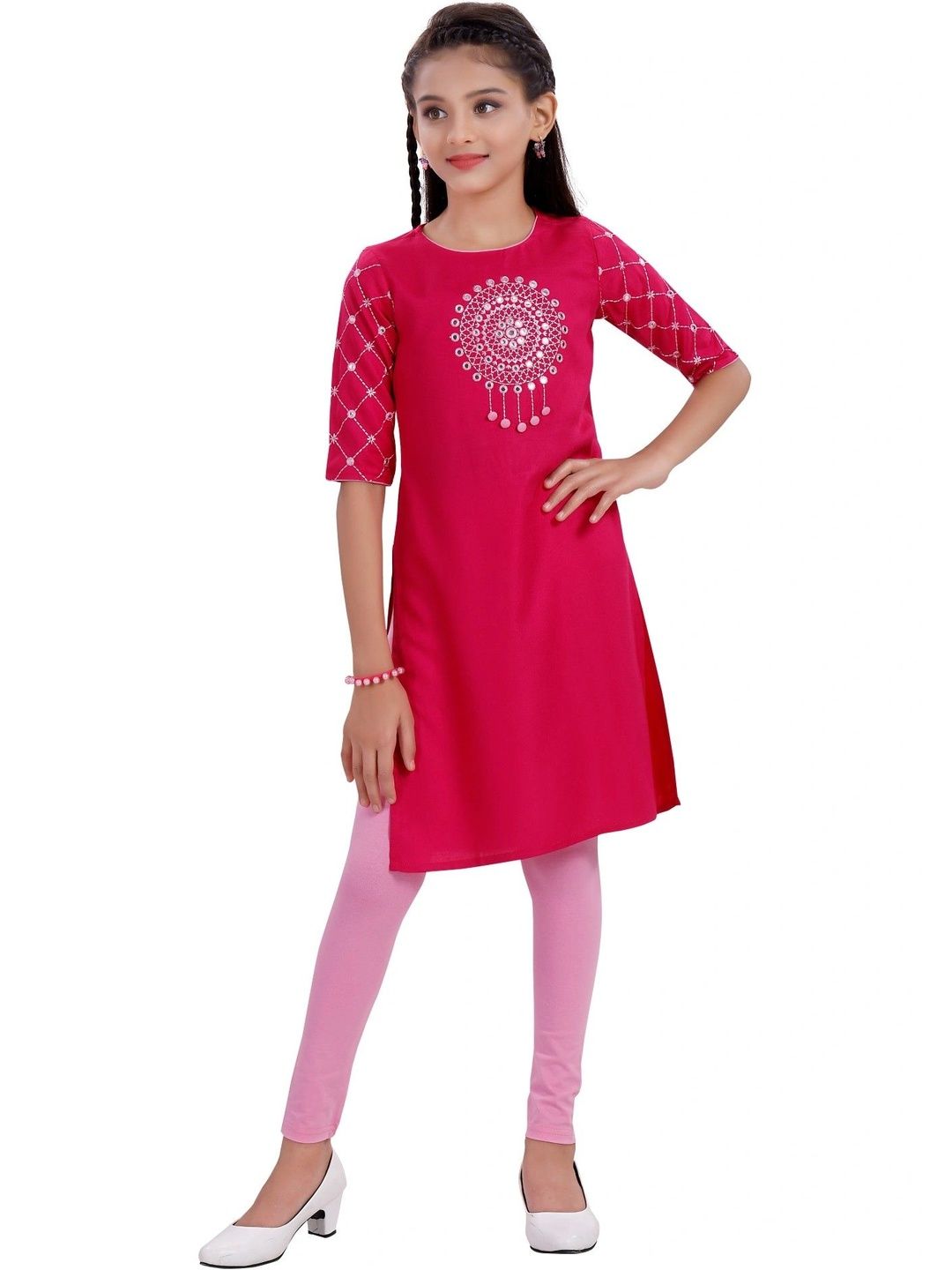 MASTARANG Girls Ethnic Motifs Embroidered Regular Thread Work Kurti-picture-32