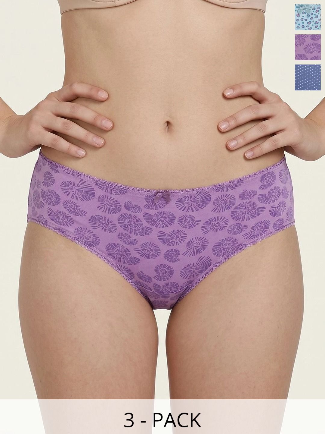 Zivame Women Pack of 3 Printed Seamless Assorted Cotton Blend Bikini-picture-27