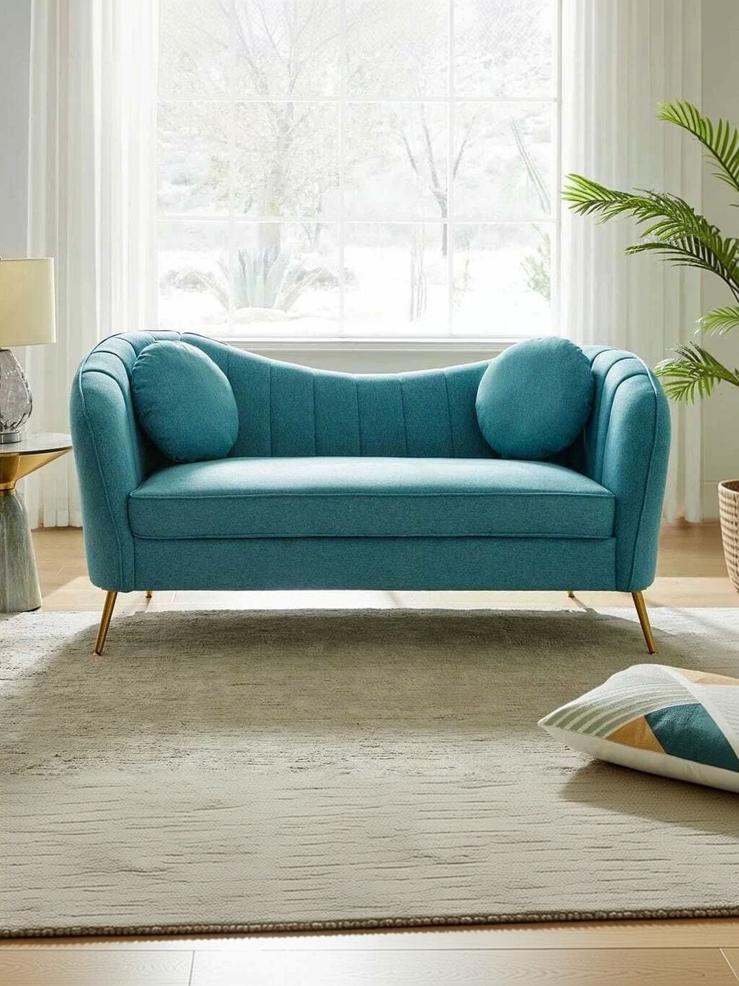 INDIAWOODMART Teal-Green Curved Design 2 Seater Sofa-picture-22