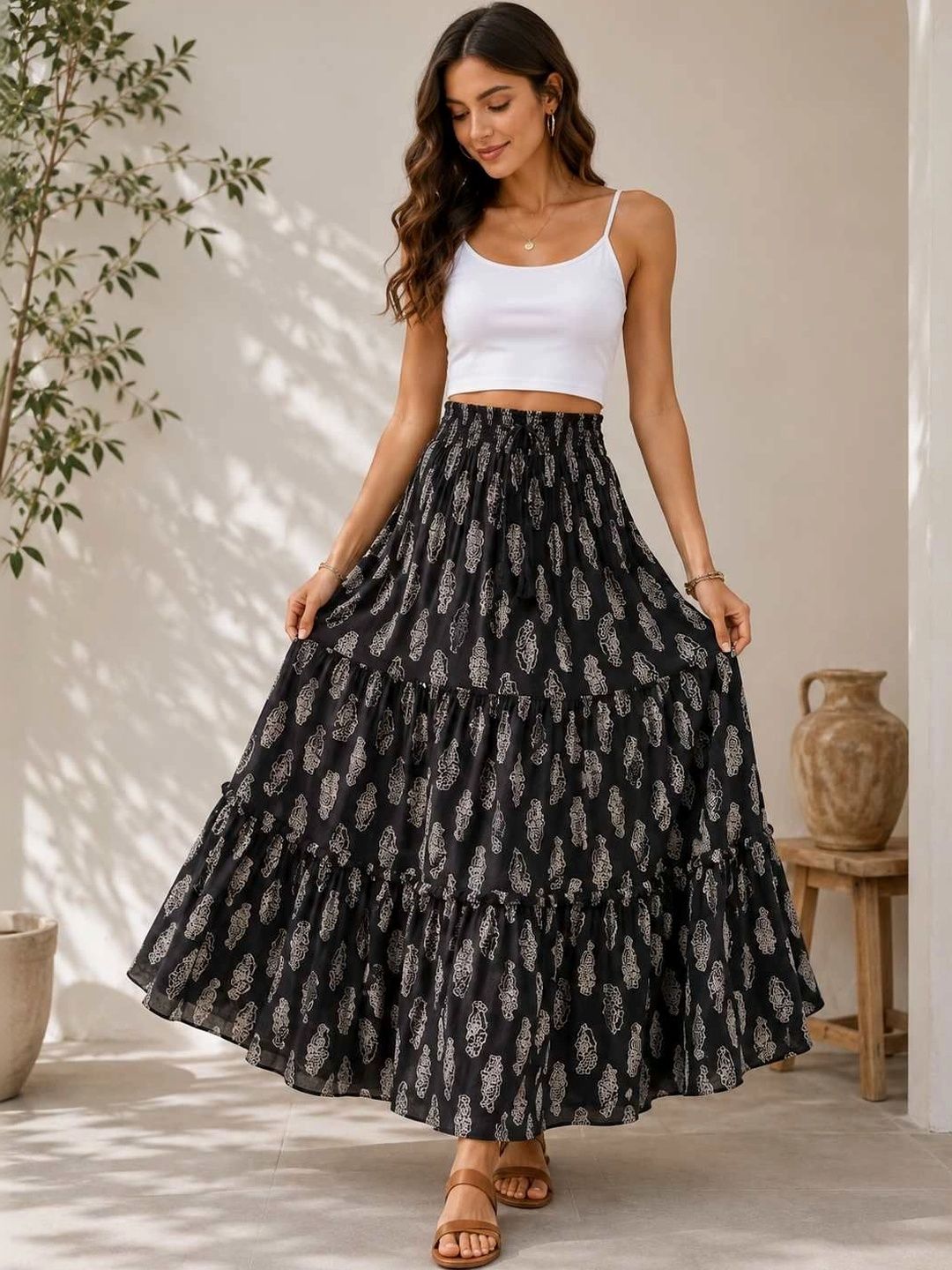 Rabhika Women Crepe Abstract Bohemian Maxi Tiered Skirt-picture-57