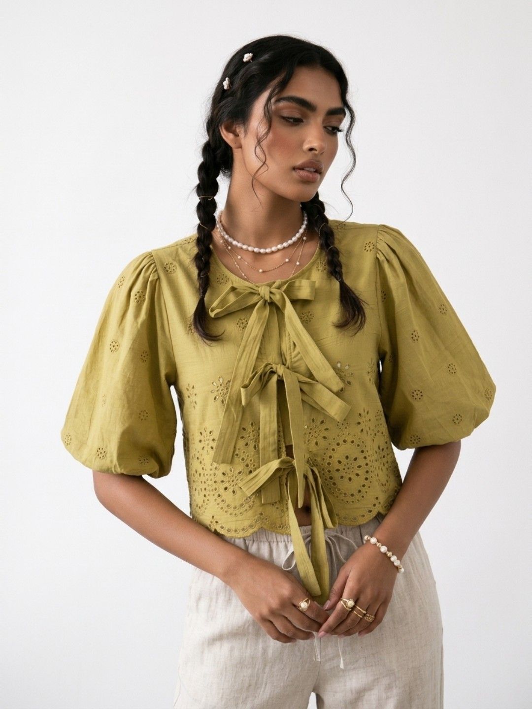 phosphorus Floral Schiffli Tie-Up Neck Puff Sleeve Crop Top-picture-10
