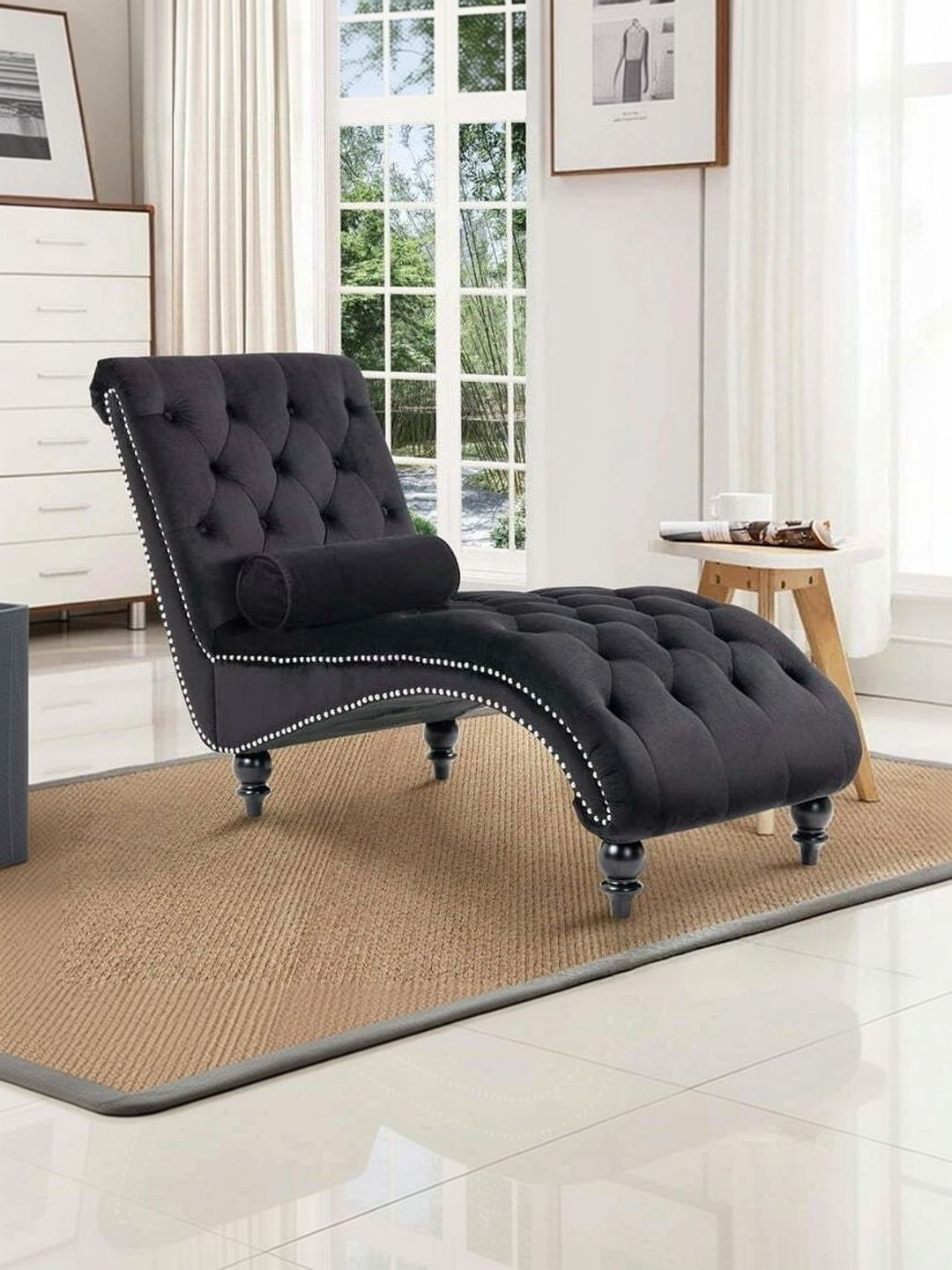 INDIAWOODMART Black Textured Sofa With Wood Legs-picture-32