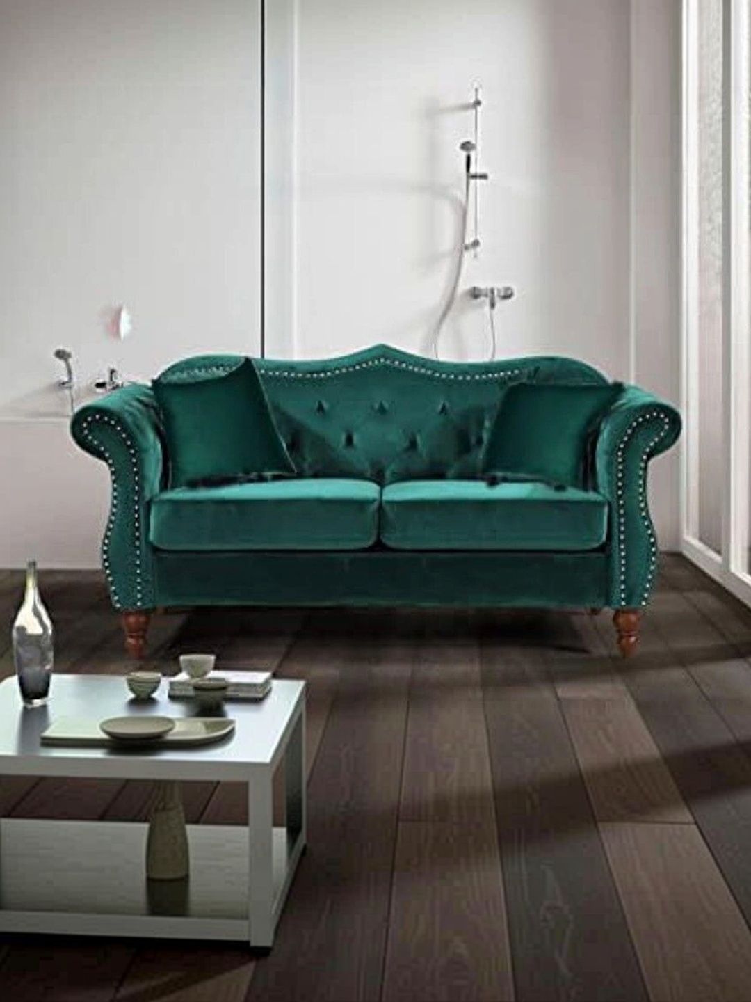 INDIAWOODMART Green Velvet & Wooden 2-Seater Sofa-picture-9