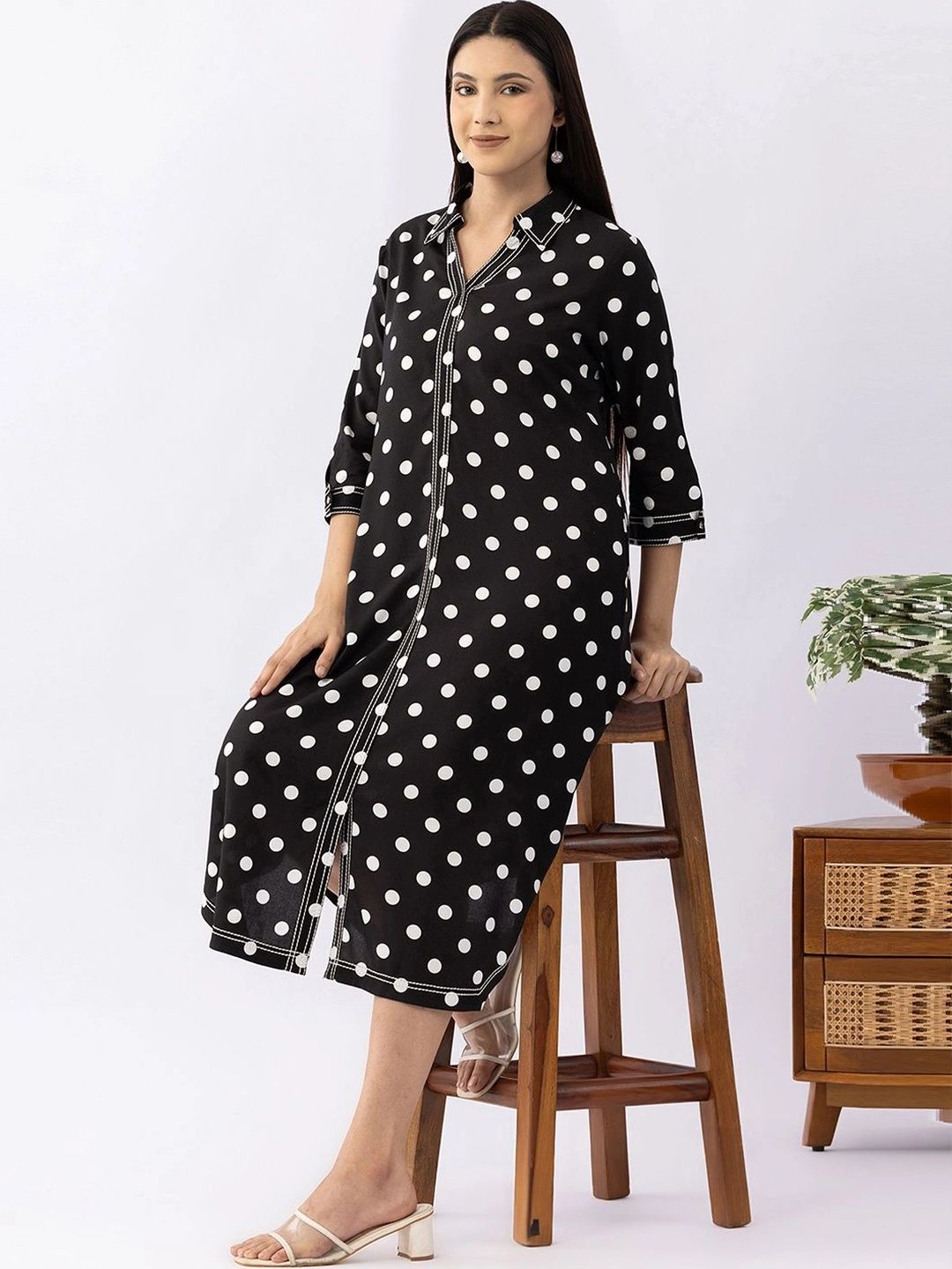 Mustard Polka Dot Print Shirt Midi Dress-image-20