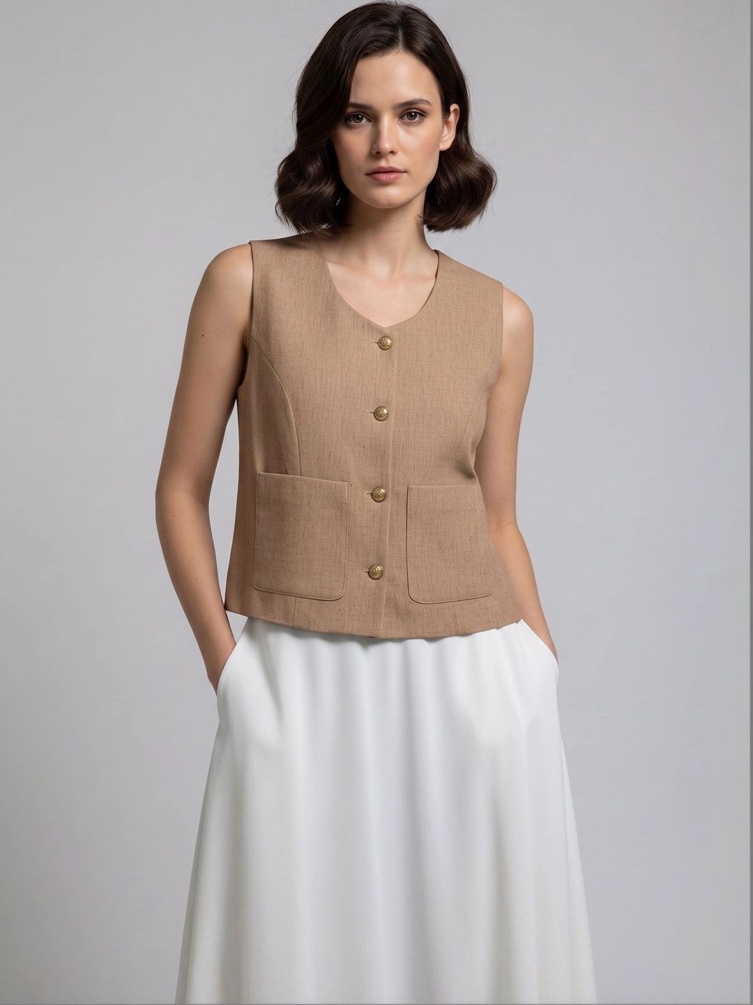Neet Scoop Neck Woven Casual Waistcoat-picture-51