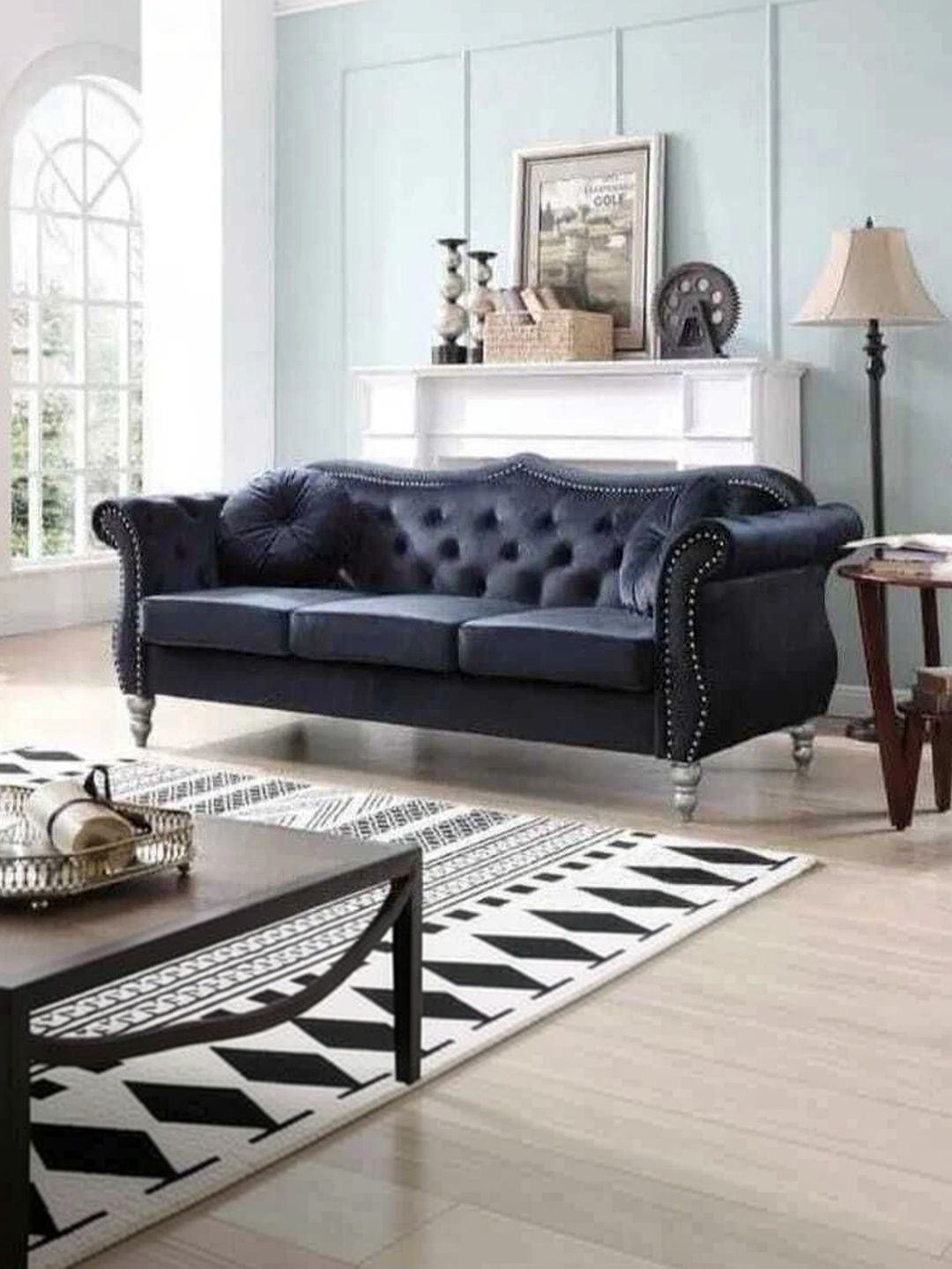 INDIAWOODMART Black Velvet & Wooden 3-Seater Sofa-picture-13