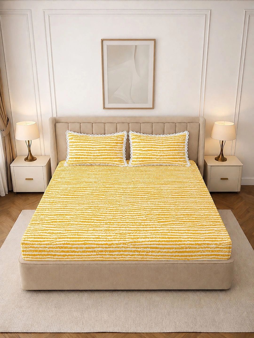 MORADO Mustard & White Striped 130 TC Bedsheet with 2 Pillow Covers-image-8