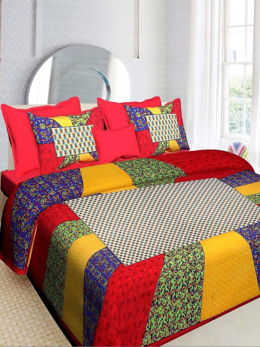 TIMELESS TRENDS Red & Yellow 144 TC Bedsheet with 2 Pillow Covers-picture-52