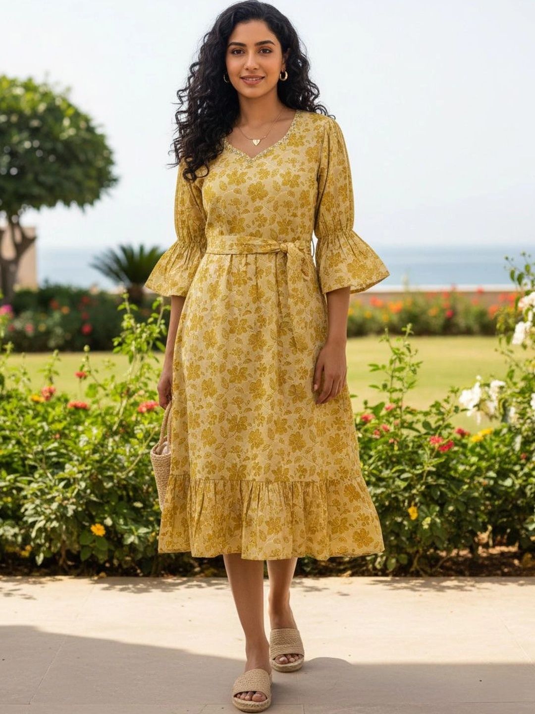 Roly Poly Floral Print Flared Sleeve A-Line Midi Dress-image-32