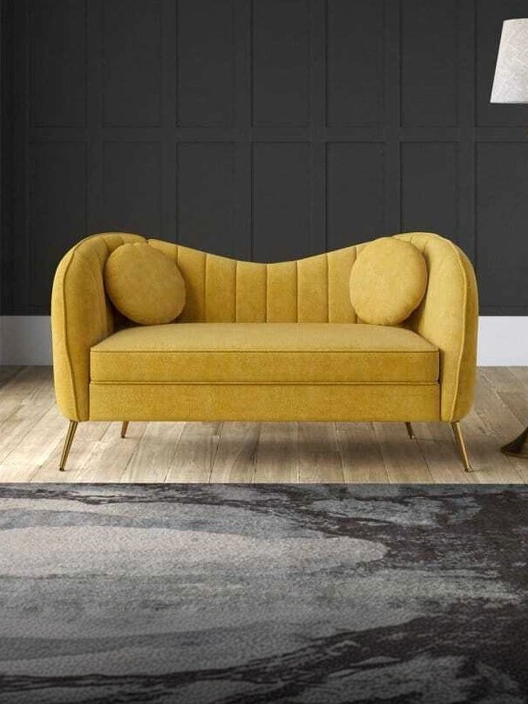 INDIAWOODMART Mustard-Yellow Curved Design 2 Seater Sofa-image-48