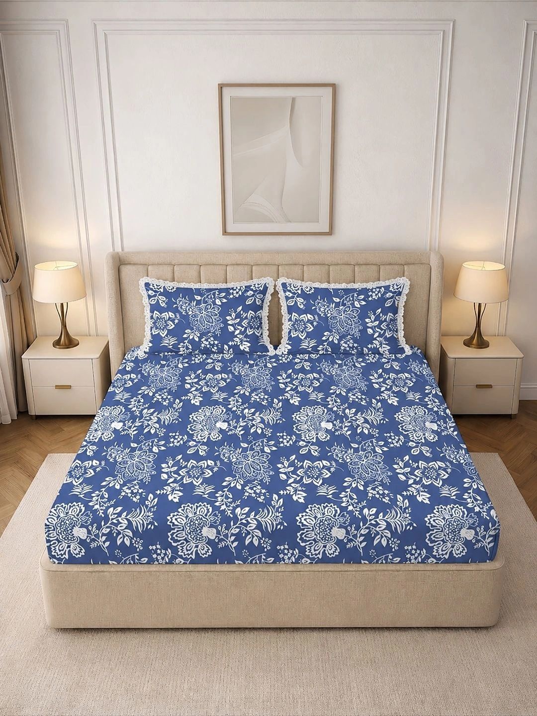 MORADO Blue Floral 130 TC King Bedsheet with 2 Pillow Covers-picture-6