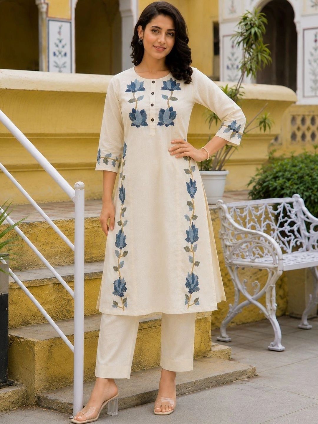 Moda Rapido Women Floral Embroidered Regular Thread Work Pure Cotton Kurta with Trousers-picture-26