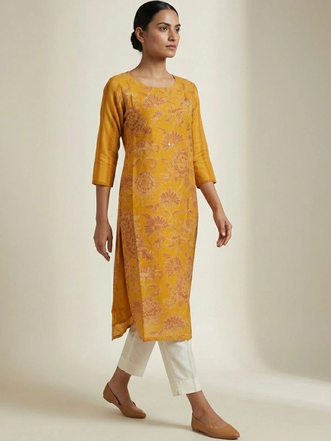 gokurtis Floral Printed Chanderi Cotton Blend Jacquard Kurti-picture-39