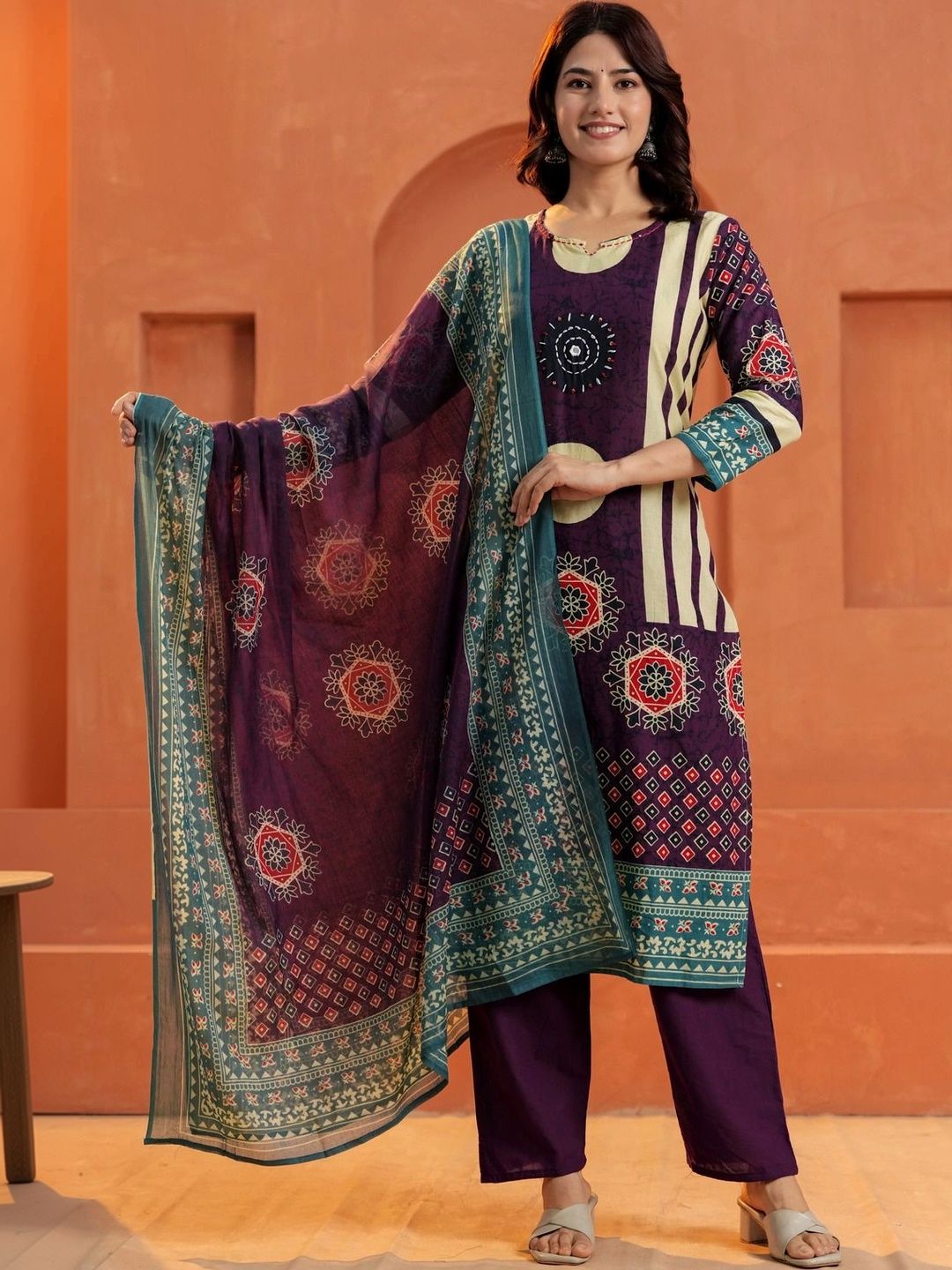 HERE&NOW Women Ethnic Motifs Printed Regular Pure Cotton Kurta with Palazzos & With Dupatta-picture-31
