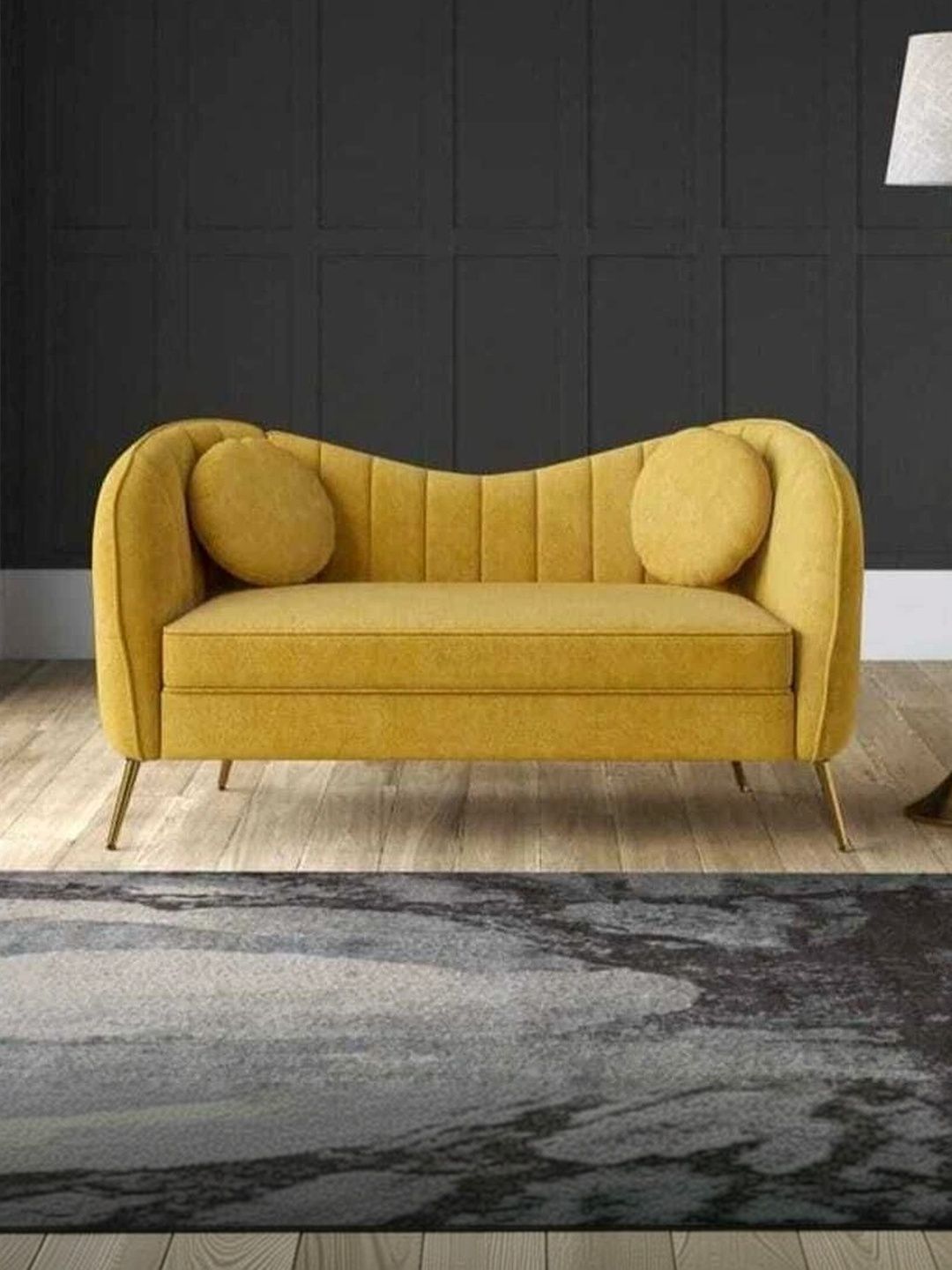 INDIAWOODMART Mustard-Yellow Curved Design 2 Seater Sofa-picture-3