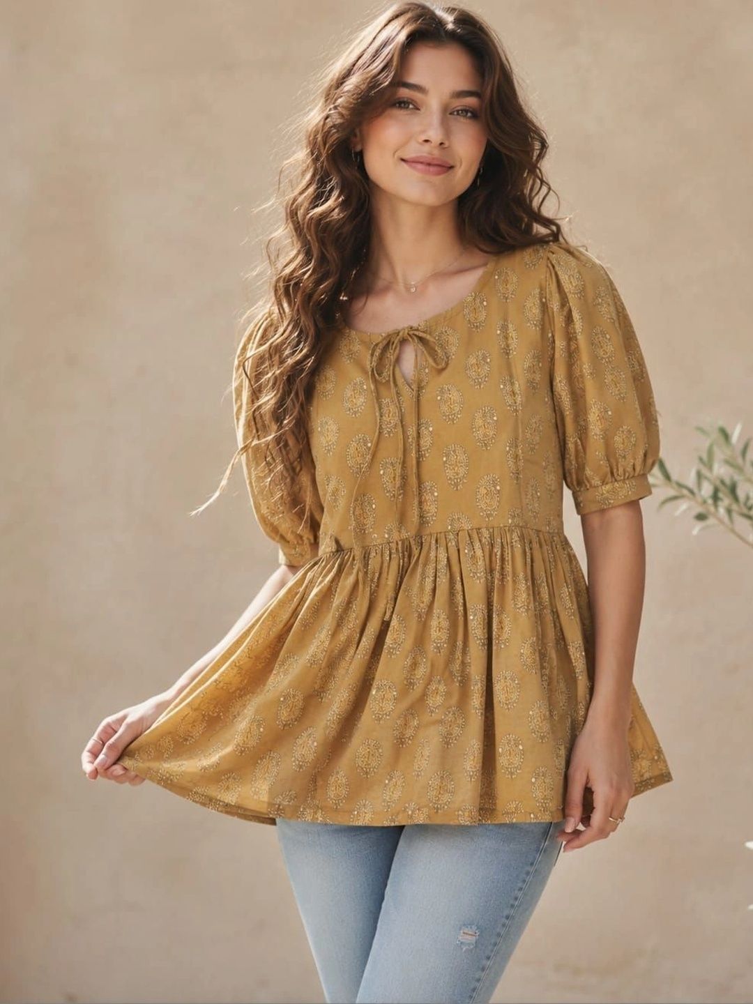 CORSICA Print Tie-Up Neck Puff Sleeve Ethnic Peplum Top-picture-23