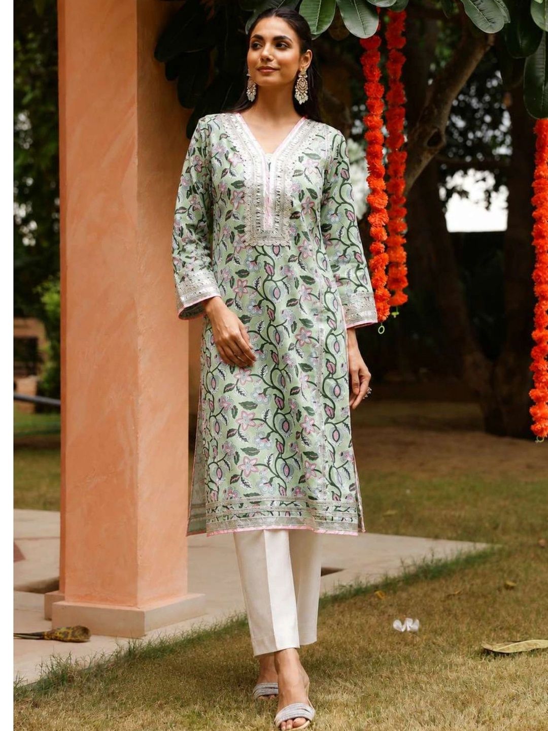Chhaap tilak Botanical Printed V-Neck Gotta Patti Pure Cotton Handloom Gotta Patti Kurti-image-38