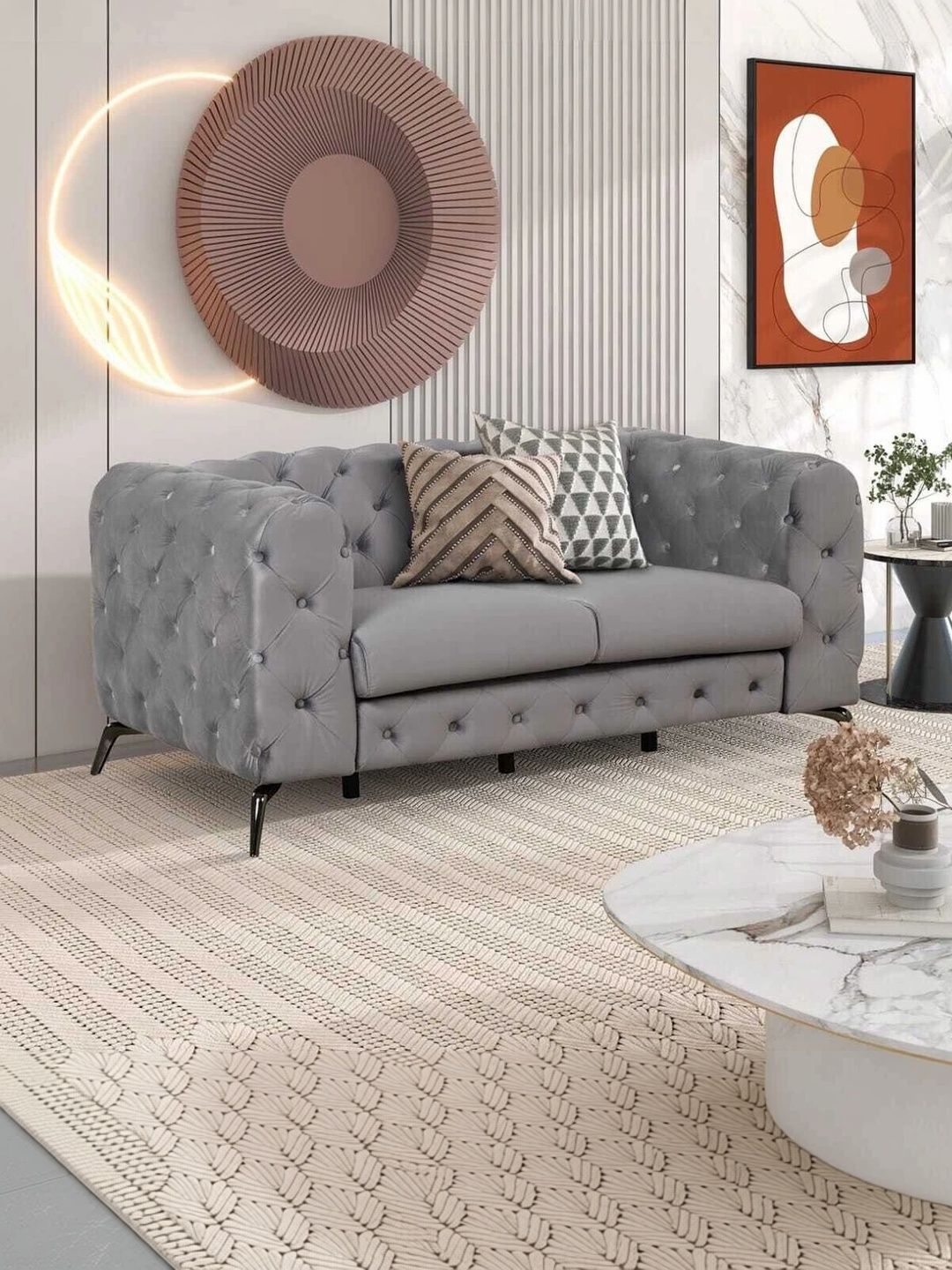 Soul craft Grey Velvet 2 Seater Couch With Metal Legs-image-13