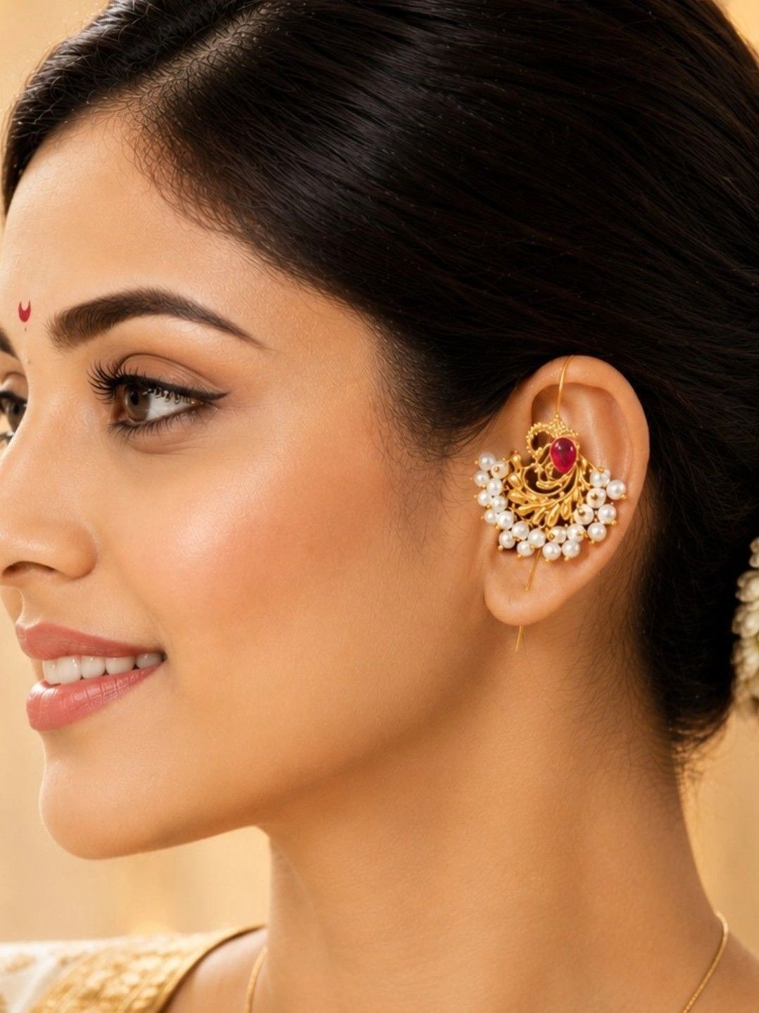 OOMPH Gold Tone Ethnic Peacock Design with Kemp Stone Beads Ear Cuff Earrings-picture-26