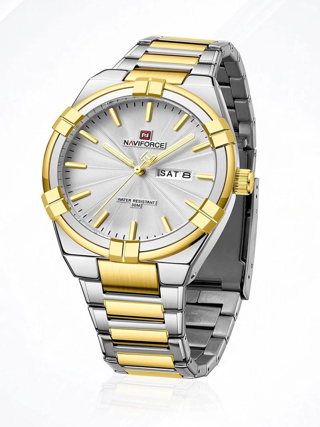 Naviforce Men Dial & Stainless Steel Bracelet Style Straps Analogue Date Aperture Watch NF9218 G-W-image-7